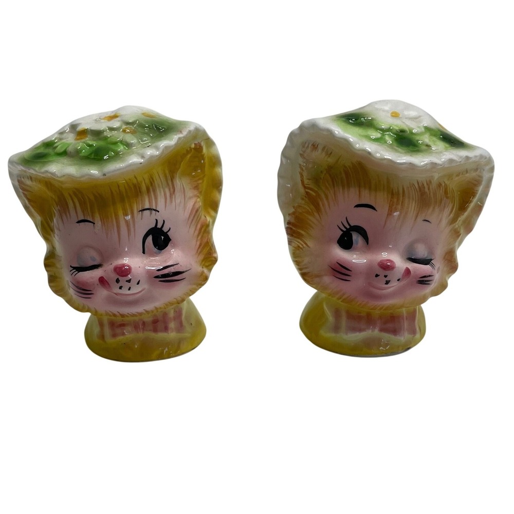 Vintage Enesco Miss Priss Winking Cat Salt Pepper Shakers Yellow Kitschy 1950s